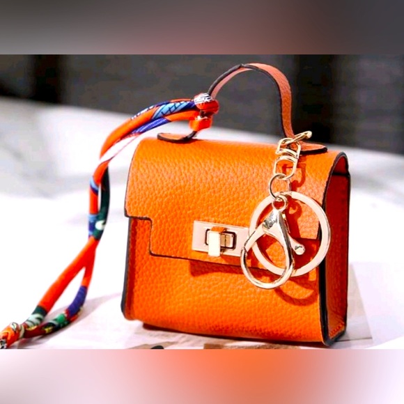 Accessories - Mini Leather Fashion Bag / Purse Charm and Keychain, Burnt Orange w Twilly NEW